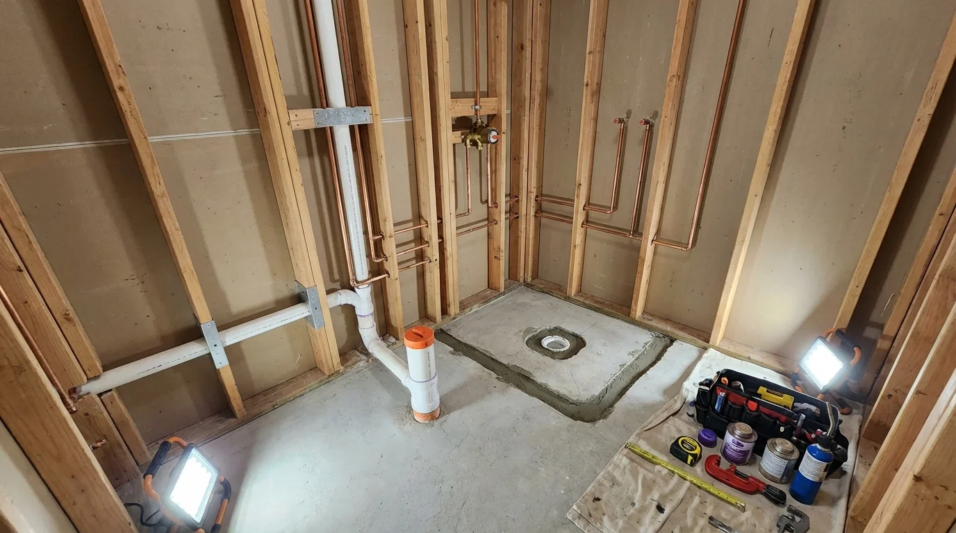 Bathroom rough-in plumbing during remodel by Johns Plumbing LLC in North Andover
