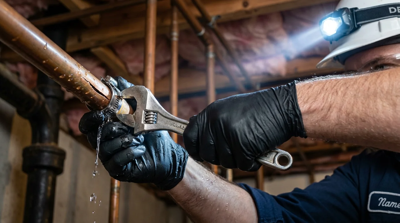 Emergency pipe clamp repair being performed by a Johns Plumbing LLC plumber in North Andover