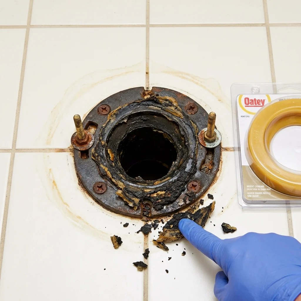 Failed wax ring showing water seepage at the base of a toilet in a North Andover, MA home