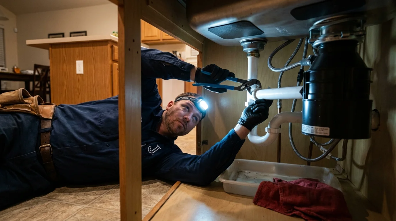 P-trap and supply line connections under a kitchen sink showing a common leak point in North Andover, MA